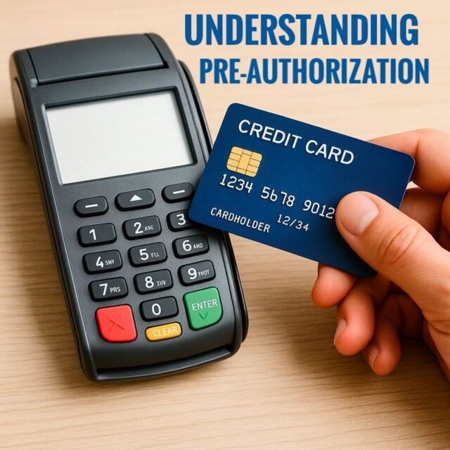 a hand holding a credit card near a POS