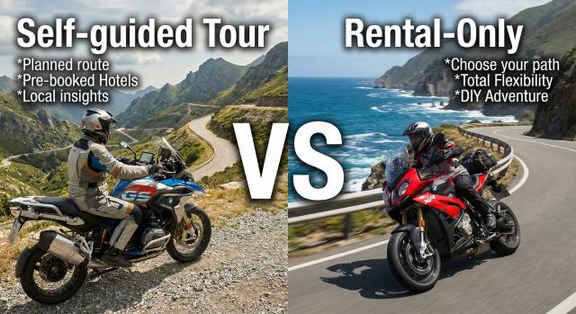 split screen image showing on the left side a motorcyclist on his BMW motorcycle under the Heading "Self-guided tour" vs the right side showing a motorcyclist on his BMW under the heading "rental-only"