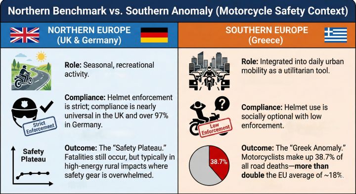 infographic card showing Northern Benchmark vs Southern Anomaly, in terms of Motorcycle Safety Context