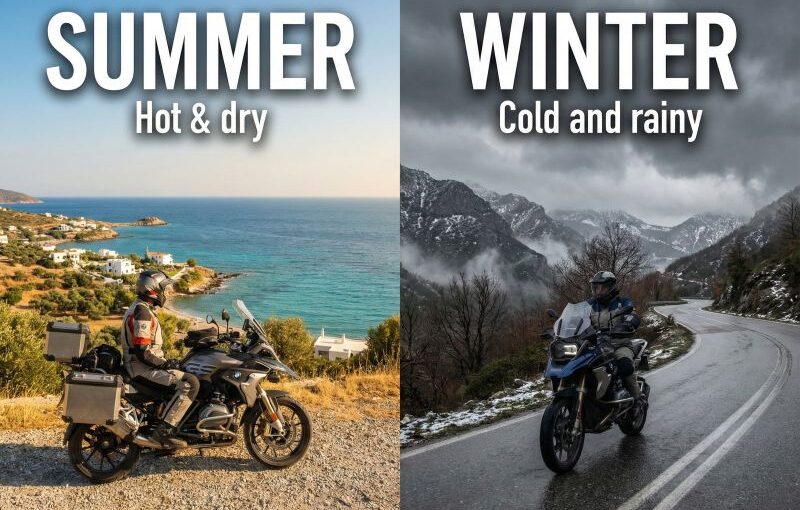 split screen image of 2 distinct motorcycling moments one in summer and one in winter