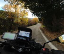 POV shot on typical narrow countryside road, en route to Olympia with MotoGreece