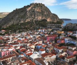 the old town of Nafplion and Palamidi castle, drone shot by MotoGreece