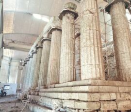 in the temple of Apollo at Bassae, visiting with MotoGreece