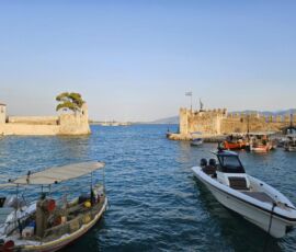 view from the old harbour of Nafpaktos, with MotoGreece