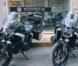 2 BMW R1300GS motorcycles parked in front of MotoGreece's office