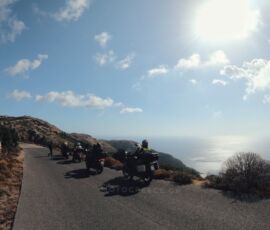 brief stop near cape Matapan (also known as cape Tenaro), the southernmost point of continental Greece. On tour with MotoGreece a group of motorcyclists stop by the side of the road near cape Matapan (also known as cape Tenaro), the southernmost point of continental Greece. On tour with MotoGreece