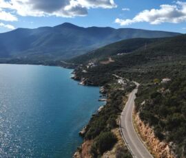 section of the coastal route heading south after Nafplion, on tour with MotoGreece aerial shot of the coastal route heading south after Nafplion, on tour with MotoGreece